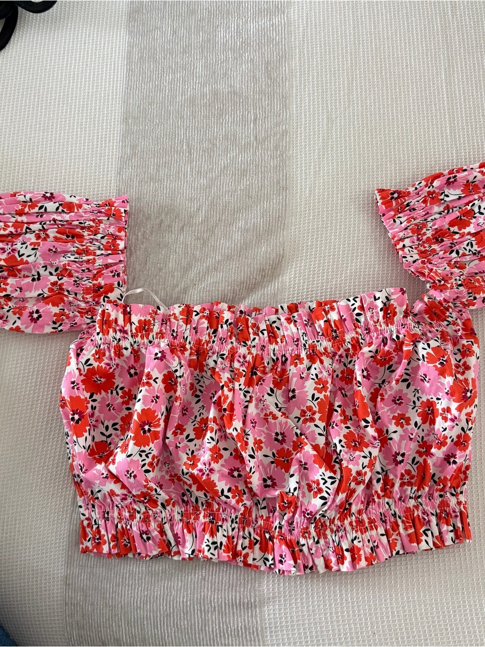 Yumi Kim Pink and Red Floral Off-Shoulder Smocked Crop Top